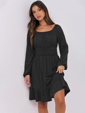 Women's Black Long Lantern Sleeve Waist Ruffle Flowy Swing A-Line Short Dress